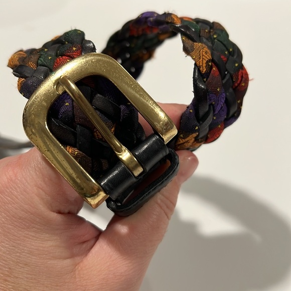 Vintage - leather and silk like woven belt, brass hardware‎ main image 11